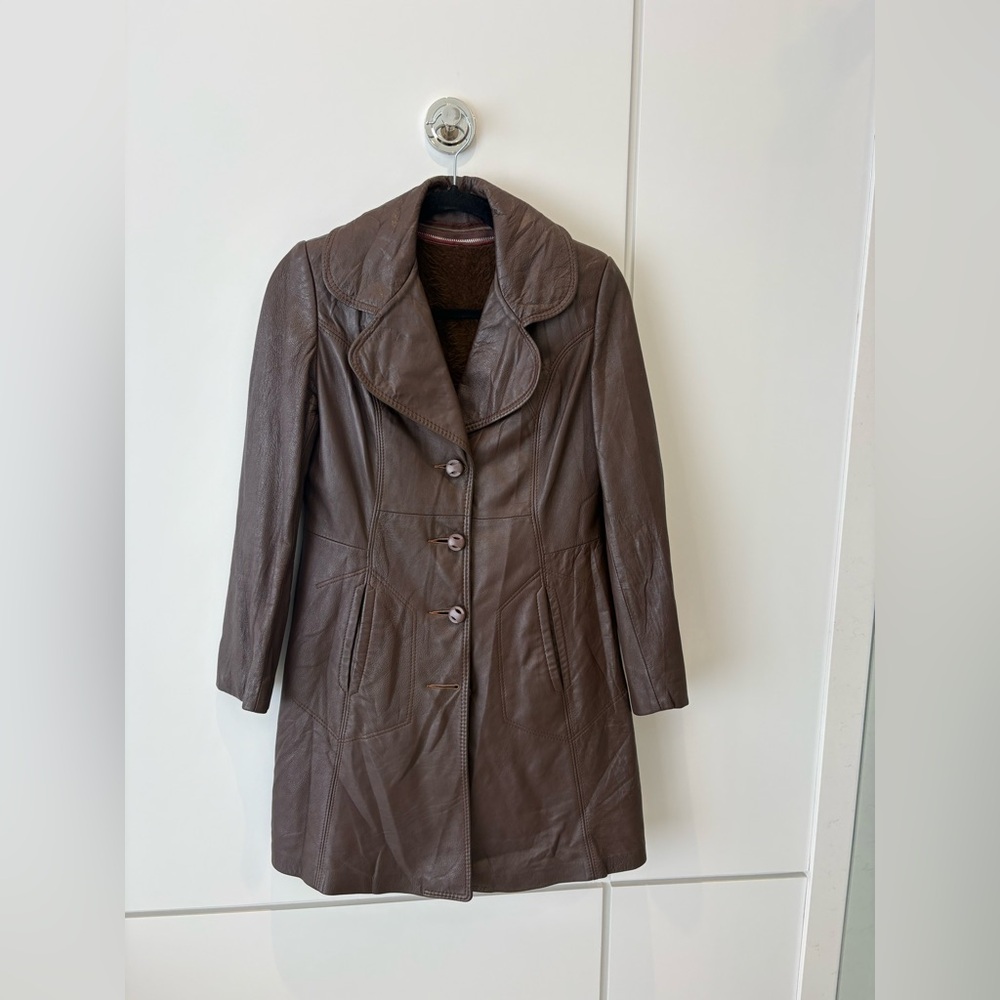 VINTAGE LEATHER Chocolate Brown Genuine jacketCoat ✨ Timeless Statement Fits S🤎